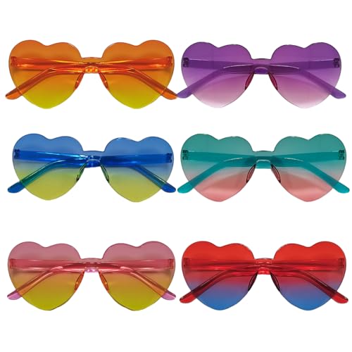 Copbopwn 6 Stück Randlose Sonnenbrille in Herzform Herz-Sonnenbrille Multipack Herz Buring Kostüm Brille Partyfestival Sonnenbrille Süßigkeiten Farbe Brillen für Frauen Mädchen Reisen (Zweifarbig) von Copbopwn