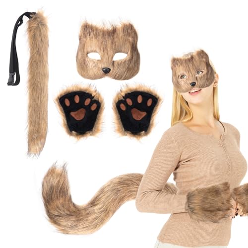 Coptiner Fuchs Cosplay Set Kunstpelz Fuchs Maske flauschiger Schwanz und Pfoten Handschuhe Set Halloween Party Cosplay Kostüm Accessoire Nettes Kostüm Party Dekoration Set (Braun) von Coptiner