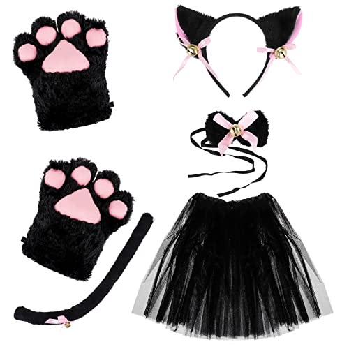 Coptiner Katze Cosplay Set,Cosplay Kostüm, Katzenohren Stirnband Kätzchen Schwanz Ohren Kragen Pfoten Handschuhe, Halloween Weihnachten Kostüm Party Dekoration Set für Kinder Frauen Mädchen von Coptiner