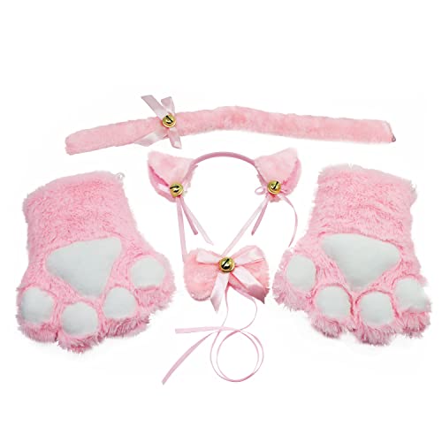 Coptiner Katze Cosplay Set, Katzenohren Stirnband Kätzchen Schwanz Ohren Kragen Pfoten Handschuhe, Katze Cosplay Kostüm Nettes Kostüm Party Dekoration Set für Kinder Frauen Mädchen (Rosa) von Coptiner