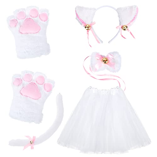 Coptiner Katze Cosplay Set, Katze Cosplay Kostüm, Katzenohren Stirnband Schwanz Ohren Kragen Pfoten Handschuhe, Halloween Weihnachten Kostüm Party Dekoration Set für Kinder Frauen Mädchen (Weiß) von Coptiner