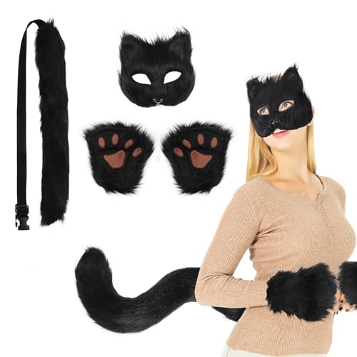 Coptiner Fuchs Cosplay Set Kunstpelz Fuchs Maske flauschiger Schwanz und Pfoten Handschuhe Set Halloween Party Cosplay Kostüm Accessoire Nettes Kostüm Party Dekoration Set (Schwarz) von Coptiner