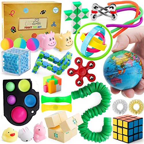 Fidget Toys Set 27 Stück Anti Stress Spielzeug Pop It Set mit Squishy Mochi Stressball Fidget Spinner Anxiety Ring Anti Stress Ball Sensorik | Geschenkbox für Kinder und Erwachsene von Coradoma