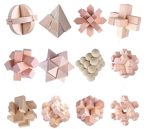 Coriver Knobelspiele Holz, 12 Stück 3D Puzzle Holz Brainteaser Set, Holzspielzeug IQ Brain Teaser Puzzle Mini Knobelspiel, Logikspiel Intelligenz Geduldspiele für 3+ Kinder Erwachsene von Coriver