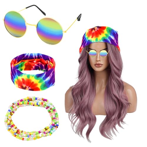 Coriver Hippie Kostüm, 4 Stück Hippie Sonnenbrille Accessories, Peace Halskette Anhänger Perlenarmband Stirnband, 70er Jahre Hippie Zubehör, 60er Jahre Mottopartys für Männer Frauen von Coriver