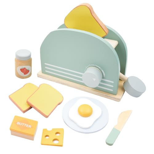 Coriver Kinderküche Zubehör Holz, Toaster Spielzeugör Set, Pop-Up-Spielzeug-Toaster, Holz Spielküche Zubehör mit Butter Brot, Pretend Play Spielküche Zubehör, Küchenspielzeug für 3+ Kinder von Coriver