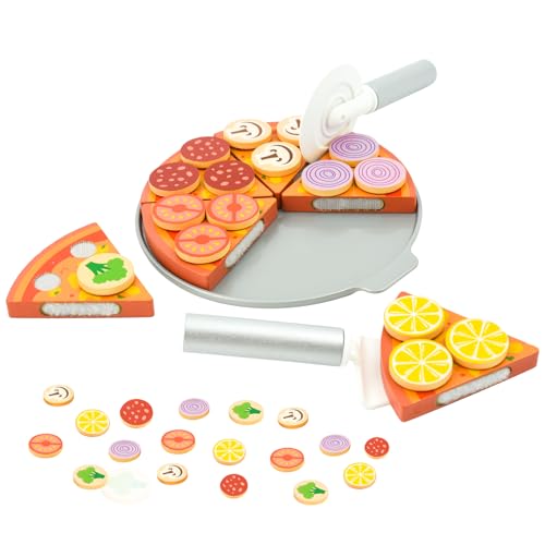 Coriver Pizza Set Holz, 27 Stück Pizza Kinderküche Zubehör, Lebensmittel Kinderküche,Küchenspielzeug für Kinder, Rollenspiel Spielküche Zubehör Geschenk für Jungen Mädchen 3+ Jahre alt von Coriver