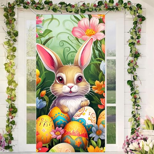 Osterhasen-Türabdeckung Happy Easter Türdekorationen Häschen Banner Ostern Frühling Großer Stoff Ostern Türabdeckung Hintergrund für Ostern Party Photo Booth Hintergrund Favor Supplies von Corlidea