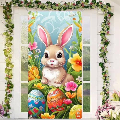 Osterhasen-Türabdeckung Happy Easter Türdekorationen Häschen Banner Ostern Frühling Großer Stoff Ostern Türabdeckung Hintergrund für Ostern Party Photo Booth Hintergrund Favor Supplies von Corlidea