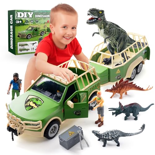 Coroiesty Dinosaurier Spielzeug Set, Tyrannosaurus Rex für Kinder 3-5 Jahre, DIY Transportauto mit 4 Dino Figuren Jungen und Mädchen von Coroiesty