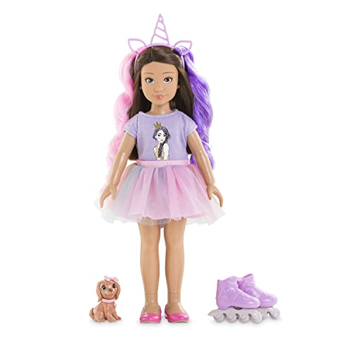 Corolle 9000600030 - Girls Luna Einhorn Set, Ankleidepuppe im Sommeroutfit mit Hund, mit Haarband, Ohrringe und extra Gummistiefel, 28cm Spielpuppe mit Vanilleduft, ab 4 Jahren von Corolle