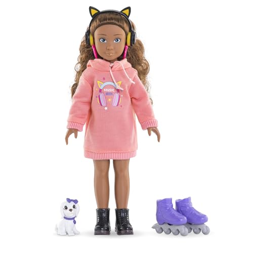 Corolle Girls Melody Music und Fashion Set, Ankleidepuppe im coolen Hoodiekleid mit Hund, trendy Kopfhörer, Ohrringe und extra Inlineskates, Vanilleduft, 28cm, ab 4 Jahren von Corolle