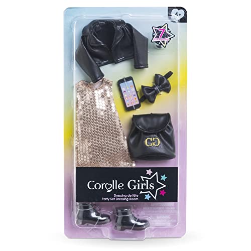 Corolle Girls Zubehörset Party, Trendy Gold-schwarzes Partyoutfit mit 7 Teile, für alle 28cm Girls Ankleidepuppen, ab 4 Jahre von Corolle