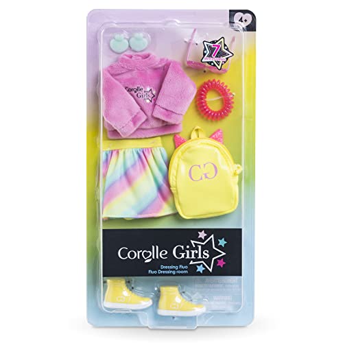 Corolle Girls Zubehörset Regenbogen, farbenfrohes 7 teiliges Outfit mit flauschigem Pullover und Regenbogenrock, für alle 28cm Girls Ankleidepuppen, ab 4 Jahre von Corolle