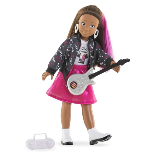 Corolle Girls Melody Musikstudio Set, Ankleidepuppe mit Pinker Strähne im Rockstaroutfit, 4-TLG. Zubehör, Vanilleduft, 28cm, ab 4 Jahre von Corolle