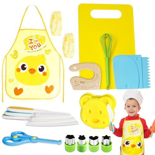 Kindermesser 20 teiliges Kinder Sicherheit Küchenmesser Set, Kindermesser ab 2 Jahre, Kinder Messer für echtes Kochen mit Gemüse Ausstechformen, Inklusive Wellenschneider, Holzmesser, Schürze etc von Corpower