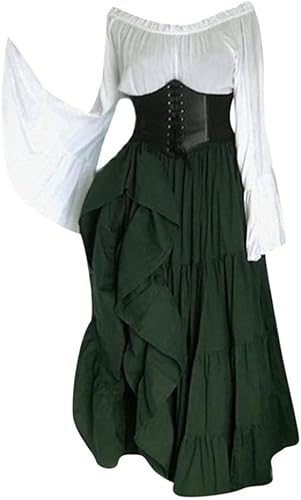 CosCool Damen Retro Mittelalter Kleid mit Trompetenärmel, Mittelalterliche Viktorianischen Königin Kleider Renaissance Gotisch Maxikleid Karneval Halloween Party Prinzessin Kostüm Grün 2XL von CosCool