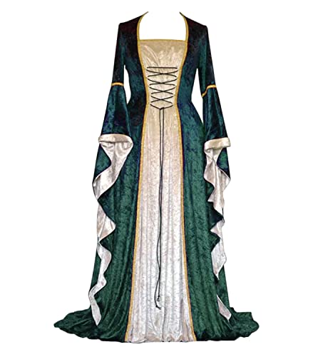 CosCool Damen Retro Mittelalter Kleid mit Trompetenärmel, Mittelalterliche Viktorianischen Königin Kleider Renaissance Gotisch Maxikleid Karneval Halloween Party Prinzessin Kostüm Grün 2XL von CosCool