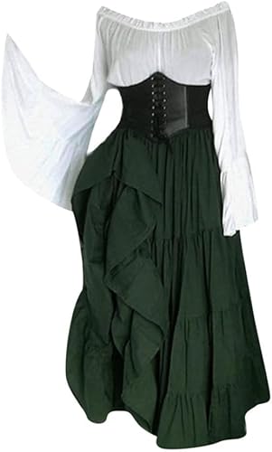 CosCool Damen Retro Mittelalter Kleid mit Trompetenärmel, Mittelalterliche Viktorianischen Königin Kleider Renaissance Gotisch Maxikleid Karneval Halloween Party Prinzessin Kostüm Grün M von CosCool