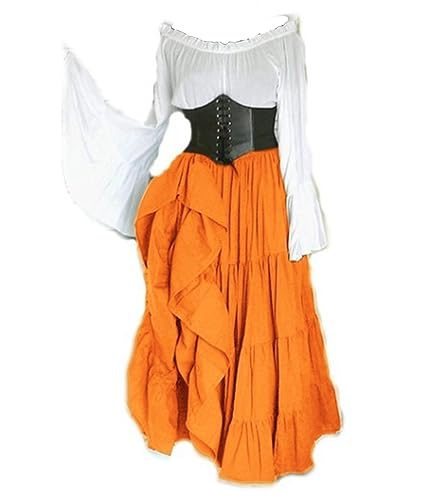 CosCool Damen Retro Mittelalter Kleid mit Trompetenärmel, Mittelalterliche Viktorianischen Königin Kleider Renaissance Gotisch Maxikleid Karneval Halloween Party Prinzessin Kostüm Orange L von CosCool