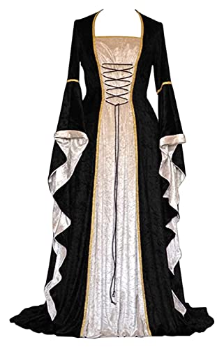 CosCool Damen Retro Mittelalter Kleid mit Trompetenärmel, Mittelalterliche Viktorianischen Königin Kleider Renaissance Gotisch Maxikleid Karneval Halloween Party Prinzessin Kostüm Schwarz S von CosCool