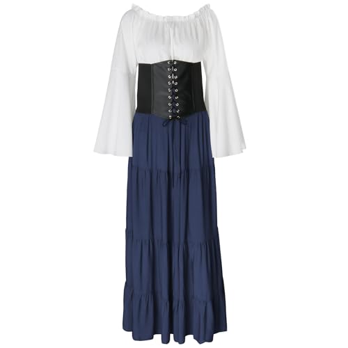 CosCool Damen Retro Mittelalter Kleid mit Trompetenärmel, Mittelalterliche Viktorianischen Königin Kleider Renaissance Gotisch Maxikleid Karneval Halloween Party Prinzessin Kostüm Schwarz XL von CosCool