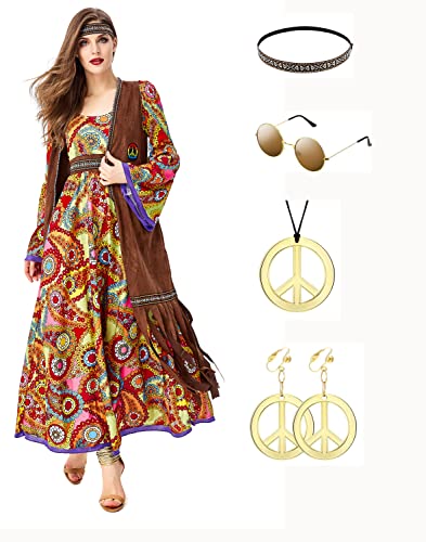 Damen 60er 70er Jahre Hippie Kostüm Set mit Hippie Accessoires, Retro Hippie Kleidung Disco Rave Outfit Faschingskostüm für Halloween und Karneval Cosplay XL von CosCool