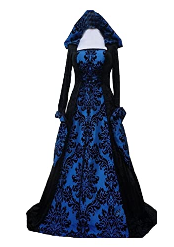 Damen Gothic Kleidung Mittelalter Kleid, Vintage Bodenlangen Gebunden Taille Maxikleid mit Kapuze Prinzessin Renaissance Cosplay Dress Party Festlich Halloween Karneval Kostüm Blau 2XL von CosCool