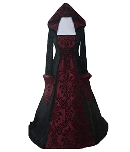 Damen Gothic Kleidung Mittelalter Kleid, Vintage Bodenlangen Gebunden Taille Maxikleid mit Kapuze Prinzessin Renaissance Cosplay Dress Party Festlich Halloween Karneval Kostüm Rot 2XL von CosCool