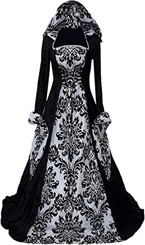 Damen Gothic Kleidung Mittelalter Kleid, Vintage Bodenlangen Gebunden Taille Maxikleid mit Kapuze Prinzessin Renaissance Cosplay Dress Party Festlich Halloween Karneval Kostüm Schwarz L von CosCool