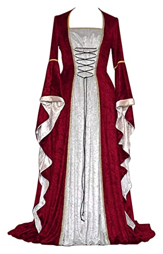 Damen Retro Mittelalter Kleid mit Trompetenärmel, Mittelalterliche Viktorianischen Königin Kleider Renaissance Gotisch Maxikleid Karneval Halloween Party Prinzessin Kostüm Rot 2XL von CosCool