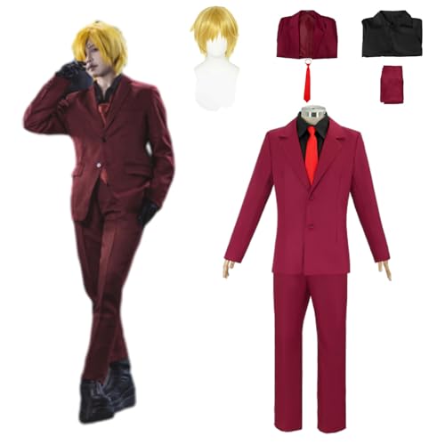 Anime One Piece Chef Sanji Cosplay Kostüm Outfits mit Perücke Mantel Hemd Krawatte Uniform Komplettset für Halloween Anzug für Herren, Karnevalsparty Kleidung Geschenke (M) von CosDance