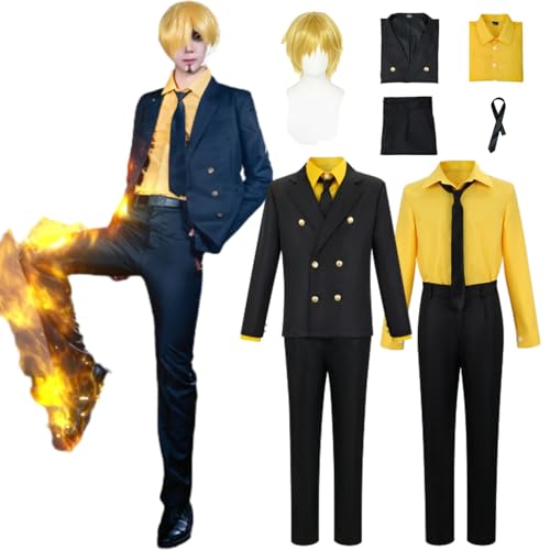 Anime One Piece Chef Sanji Cosplay Kostüm mit Perücke Mantel Hemd Krawatte Uniform komplettes Set für Halloween Anzug für Männer Karnevalsparty Kleidung Geschenke (3XL) von CosDance