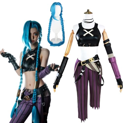 CosDance Anime Arcane Staffel 2 Jinx Cosplay Kostüm Outfits mit Perücke Halloween Party Anzug Kleidung Uniform Komplettset Rollenspiel Karneval für Erwachsene für Frauen Unisex (2XL) von CosDance