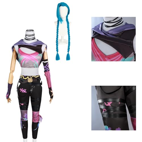 CosDance Anime Arcane Staffel 2 Jinx Cosplay-Kostüm-Outfits mit Perücke Halloween-Party-Anzug Kleidung Uniform Komplettset Rollenspiel Karneval für Erwachsene für Frauen Unisex (2XL) von CosDance