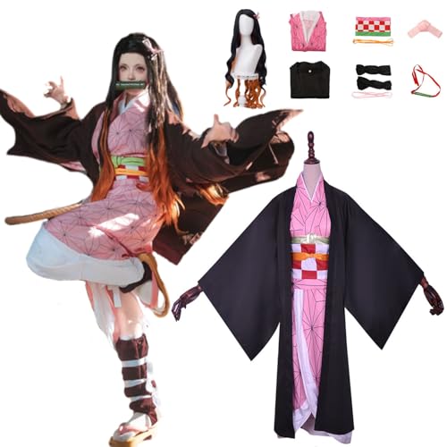 CosDance Anime Charakter Kamado Nezuko Cosplay Kostüm Outfits mit Perücke Dämonentöter Halloween Anzug für Damen Rollenspiel Kimono Uniform Komplettset Karnevalskleidung von CosDance