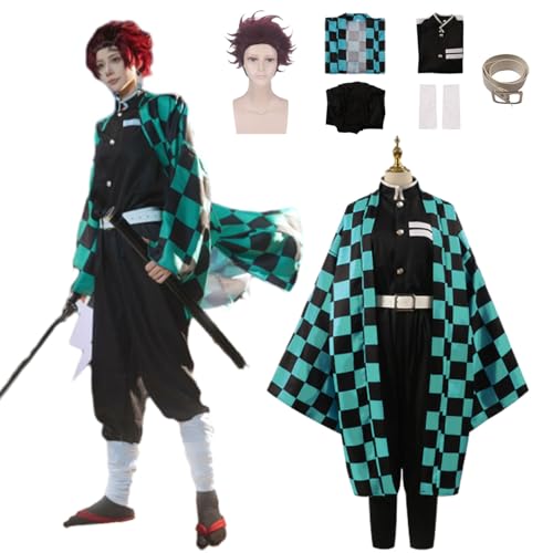 CosDance Anime Charakter Kamado Tanjirou Cosplay Kostüm Outfits mit Perücke Dämonentöter Halloween Anzug für Herren Rollenspiel Kimono Uniform Komplettset Karnevalskleidung von CosDance