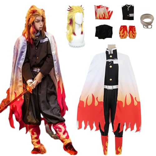 CosDance Anime Charakter Rengoku Kyoujurou Cosplay Kostüm Outfits mit Perücke Dämonentöter Halloween Anzug für Herren Rollenspiel Kimono Uniform Komplettset Karnevalskleidung von CosDance