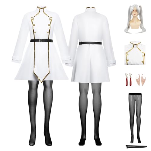 CosDance Anime Frieren Cosplay Kostüm mit Perücke und Ohren Frieren bei der Beerdigung Charakteruniform Outfit Kleid Rock Anzug für Frauen Mädchen Halloween Karneval Party Geschenke von CosDance