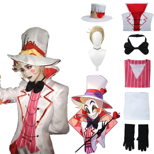 CosDance Anime Hazbin Hotel Lucifer Morningstar Cosplay Kostüm mit Perücke Hut Alle Charaktere Umhang Jacke Uniform Anzug Dress Up Outfits Set Erwachsene Halloween Karneval Party Geschenke (L) von CosDance