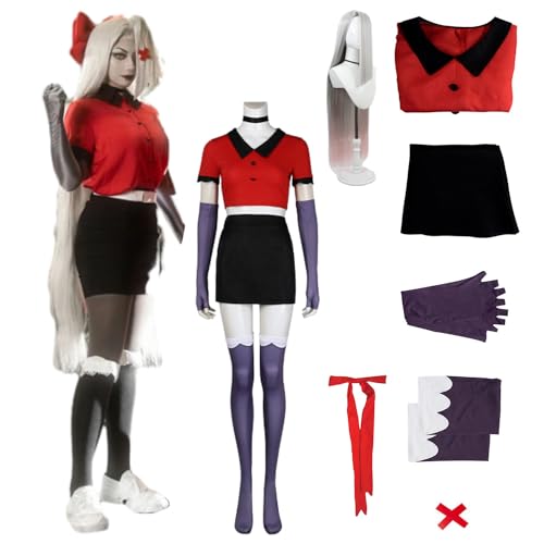 CosDance Anime Hazbin Hotel Vaggie Cosplay Kostüm Perücke für Frauen Charakter Jacke Rock Strumpf Uniform Komplettes Set Erwachsene Dress Up Outfits Umhang Anzug Halloween Karneval Stuff (M) von CosDance