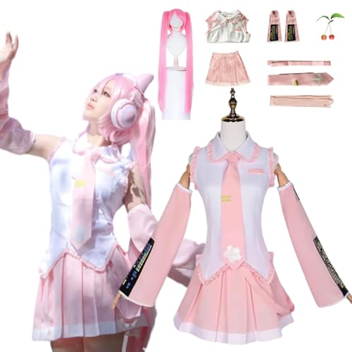 CosDance Anime Miku Cosplay Kostüm Outfits mit Perücke Halloween, Karnevalsparty Verkleidungsanzug Erwachsenenuniform komplettes Set rosa Rollenspielkleider Kleidung für Frauen Unisex von CosDance