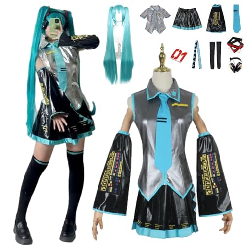 CosDance Anime Miku Cosplay Kostüm Outfits mit Perücke Halloween Party Verkleidung Anzug Kleidung Uniform komplettes Set Rollenspiel Karneval für Erwachsene Frauen Unisex von CosDance