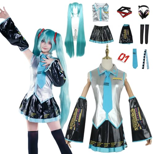 CosDance Anime Miku Cosplay Kostüm Outfits mit Perücke Halloween Party Verkleidung Anzug Kleidung Uniform komplettes Set Rollenspiel Karneval für Erwachsene Frauen Unisex von CosDance