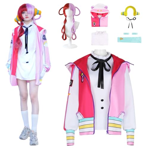 CosDance Anime One Piece Uta Cosplay Kostüm mit Perücke Charakterjacke Mantel komplettes Outfit Halloween Anzug Mantel komplettes Outfit Karnevalsparty Geschenke für Mädchen (L) von CosDance