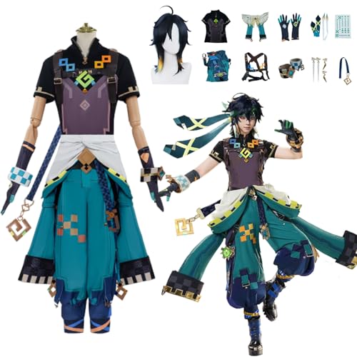 CosDance Genshin Impact Kinich Cosplay Kostüm Outfits mit Perücke Spielcharaktere Uniform Komplettes Set Kleidung Halloween Karneval Party Dress Up Anzug Zubehör für Männer Jungen von CosDance