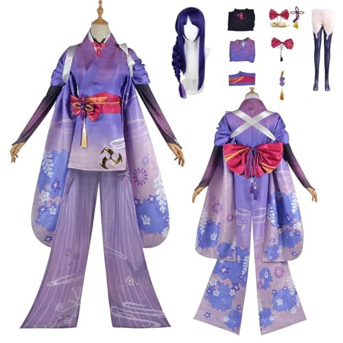 CosDance Genshin Impact Raiden Shogun Cosplay Kostüm Outfits mit Perücke Spielcharaktere Uniform Komplettset Rock Halloween Karneval Party Dress Up Anzug Kleidung für Frauen Mädchen von CosDance