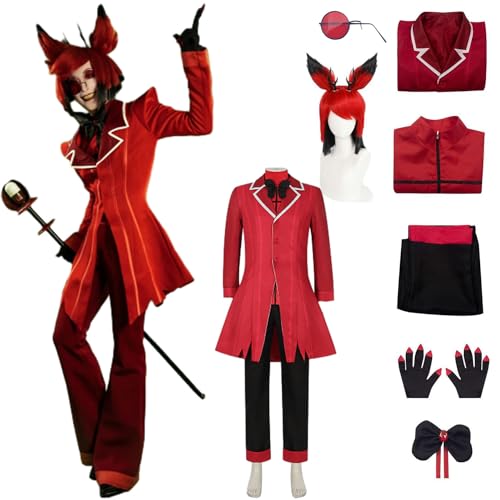 CosDance Herren Anime Hazbin Hotel Alastor Cosplay Kostüm Perücke Erwachsener Charakter Rote Jacke Uniform Brille Komplettes Set Anziehanzug Umhang Outfits Halloween Karneval Sachen (S) von CosDance