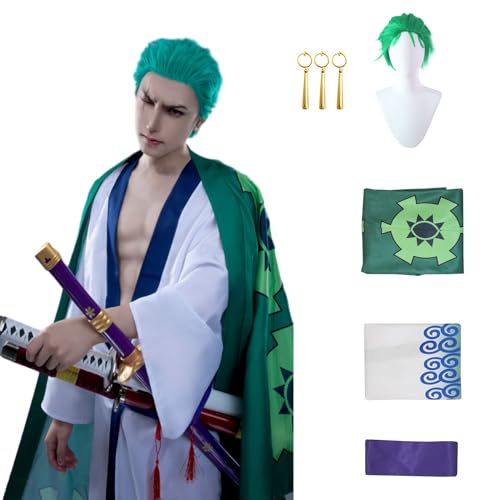 CosDance One Piece Anime Roronoa Zoro Cosplay Kostüm mit Perücke Charakter Uniform Erwachsene Komplettset Herren Umhang Outfits Kimono Dress Up Anzug Halloween Karneval Party Geschenke Jungen (M) von CosDance