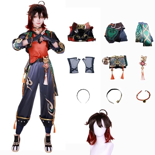 Gaming Cosplay Kostüme mit Perücken für Genshin Impact-Figuren, Kawaii Spielcharakter Cosplays Outfits Set für Halloween Karneval Party Verkleidung Uniform Anzüge Geschenke für Männer (L) von CosDance